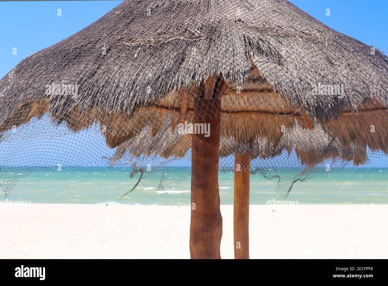 Netting on palapa umbrellas blow in breeze on white sand beach by ocean Stock Photo