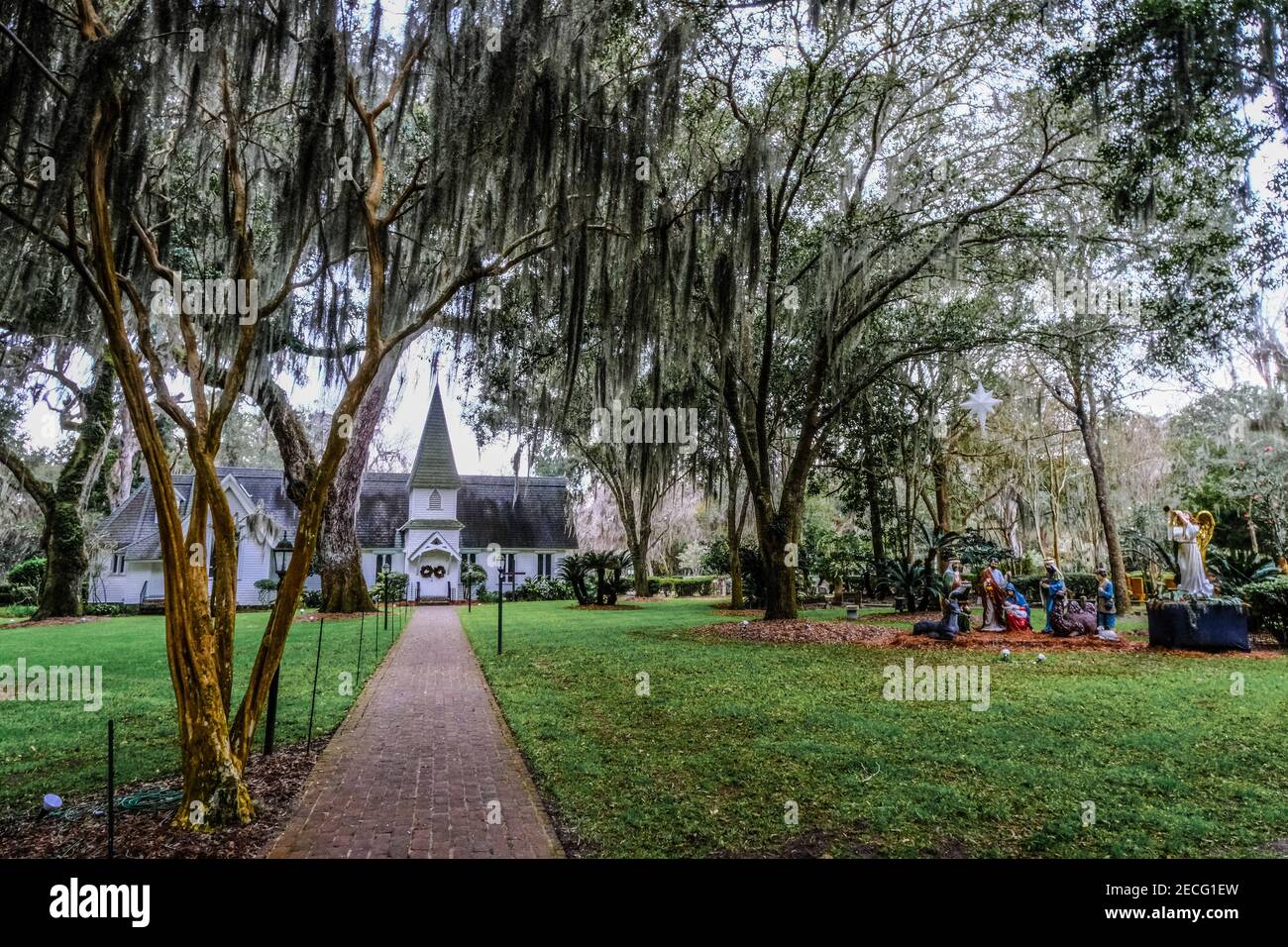 White Chapel with Nativity Scene Stock Photo Alamy