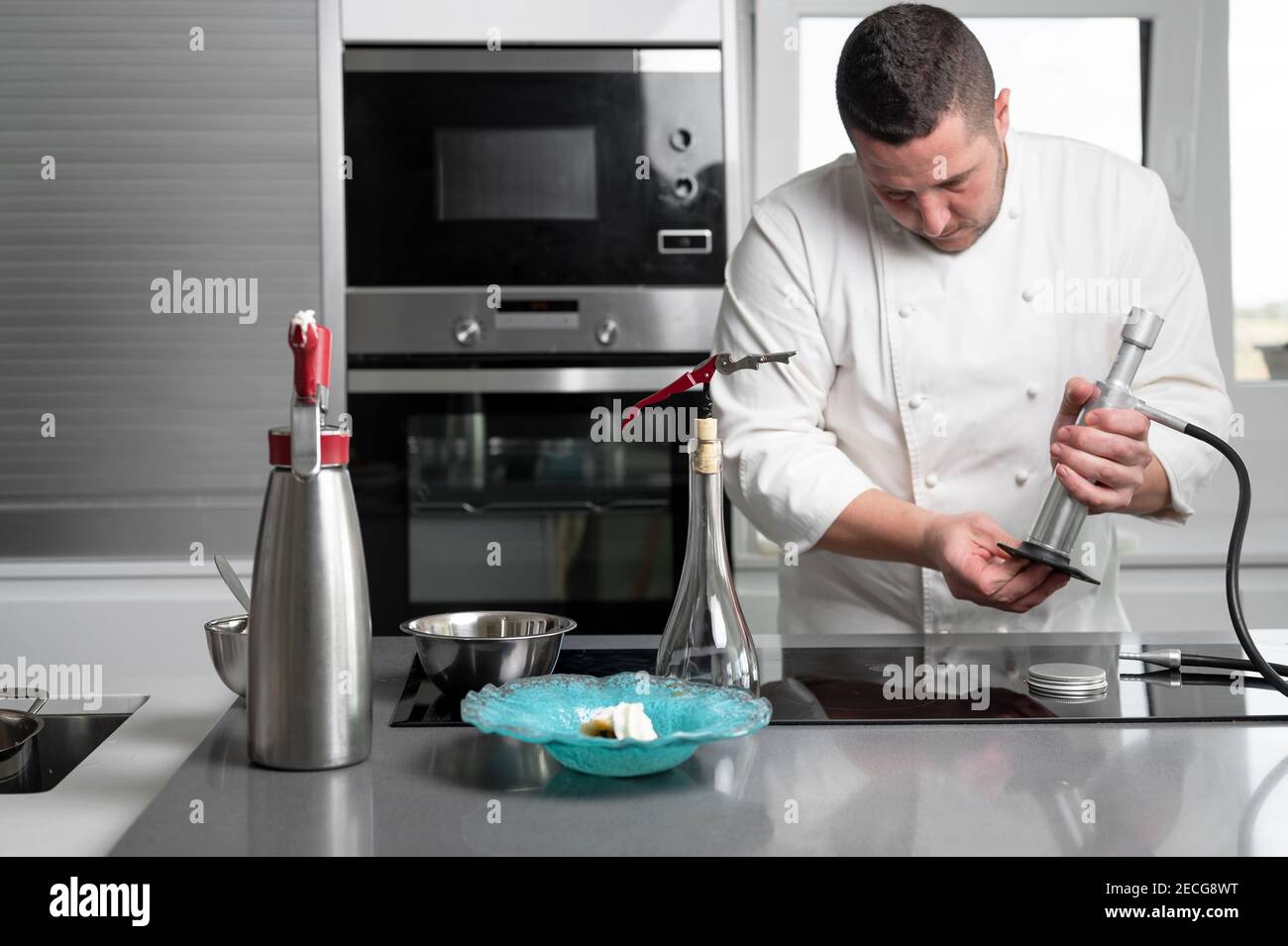 Fine dining restaurant chef preparing delicious plate with