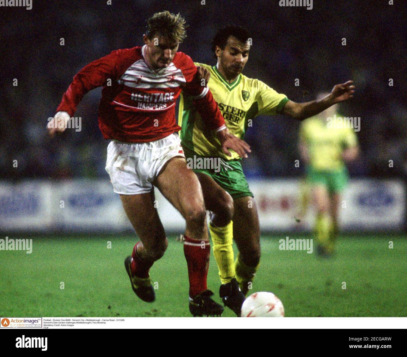 Football - Division One 88/89 - Norwich City v Middlesbrough - Carrow Road - 31/12/88  Norwich's Dale Gordon challenges Middlesbrough's Tony Mowbray  Mandatory Credit: Action Images   FILM Stock Photo