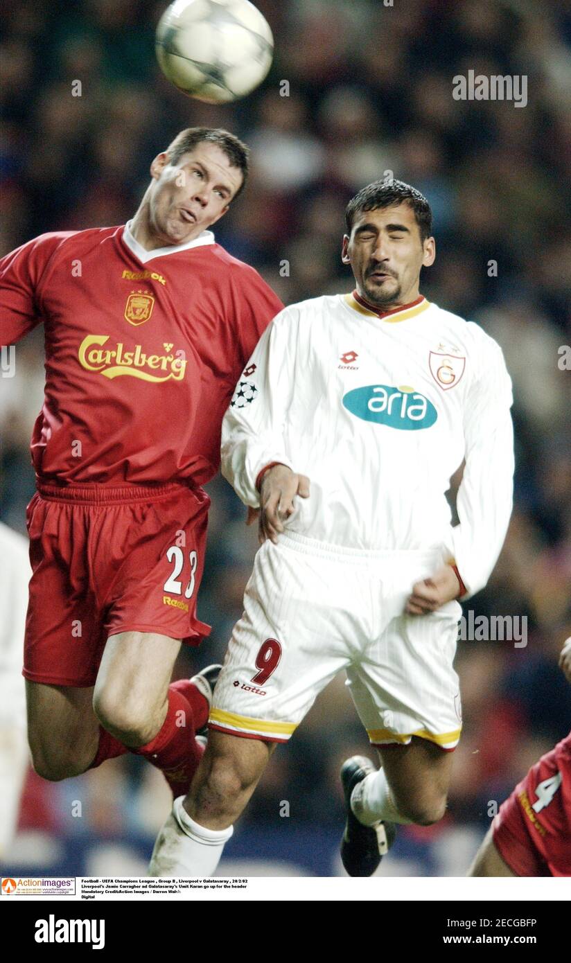 Football - UEFA Champions League , Group B , Liverpool v Galatasaray ,  20/2/02 Liverpool's Jamie Carragher ad Galatasaray's Umit Karan go up for  the header Mandatory Credit:Action Images / Darren Walsh Digital Stock  Photo - Alamy