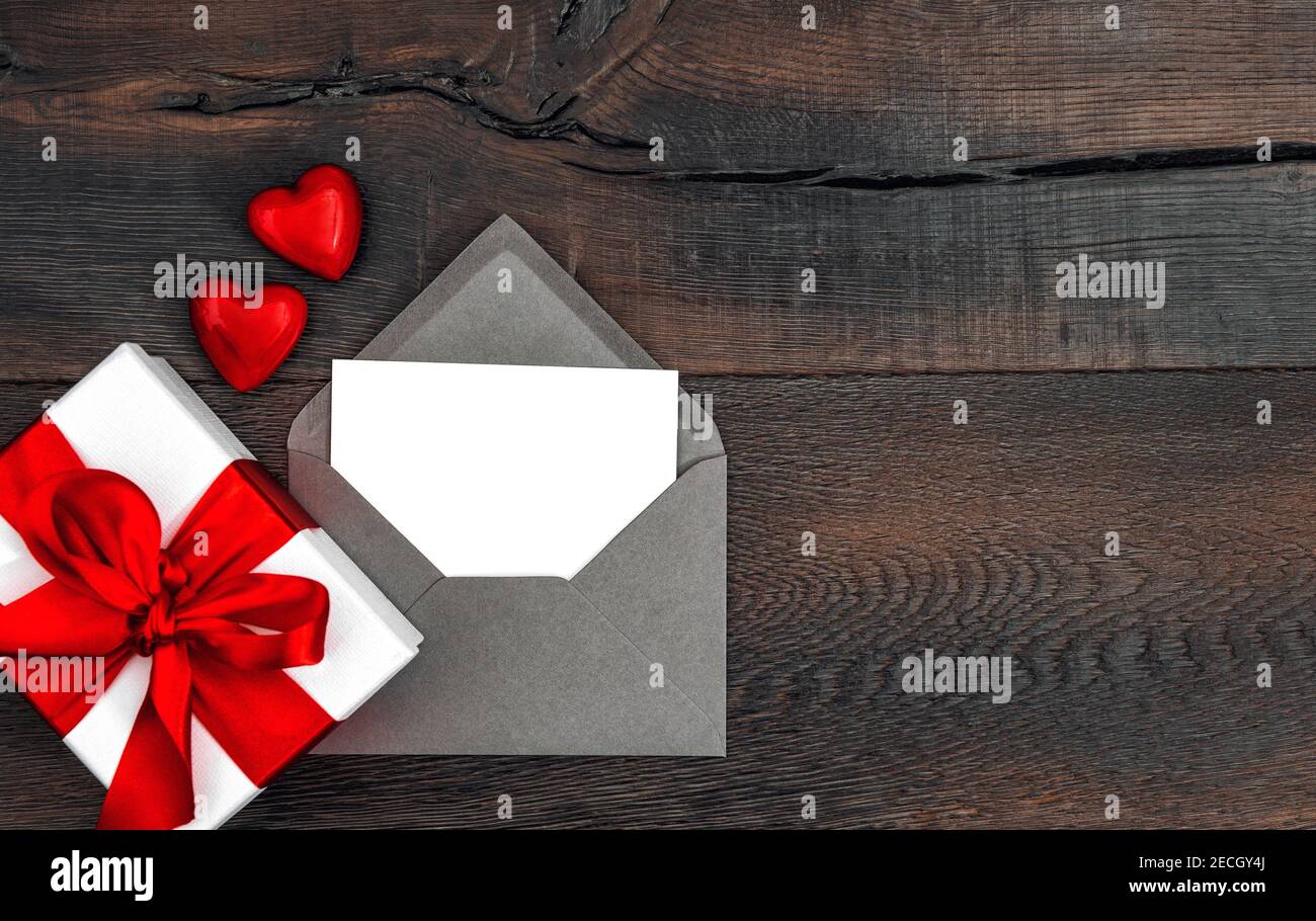 Greeting card and gift box. Valentines Day red decoration Stock Photo