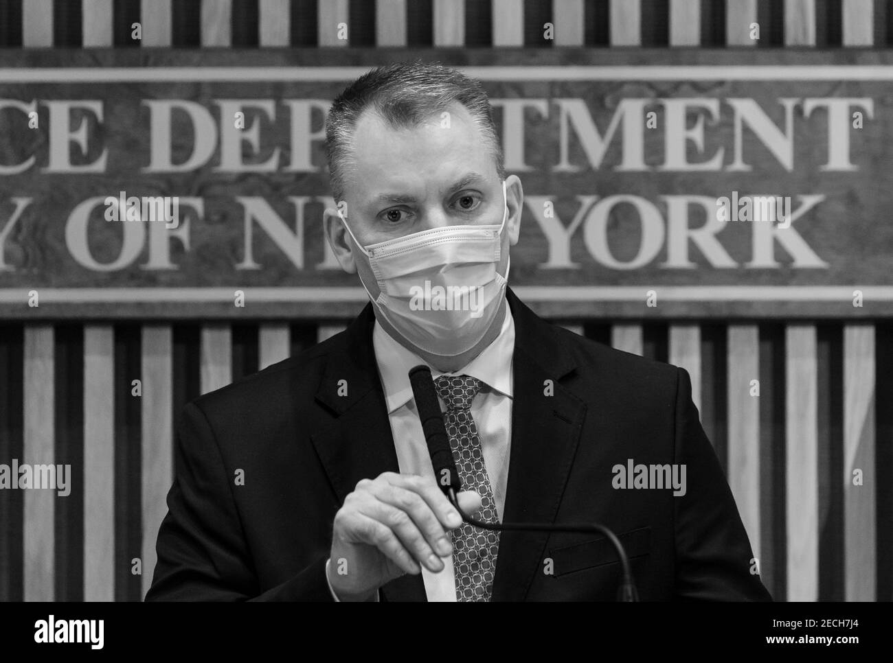 New York, NY - February 13, 2021: Police Commissioner Dermot Shea addresses the media in regard to recent crimes within the subway system at NYPD headquarters Stock Photo