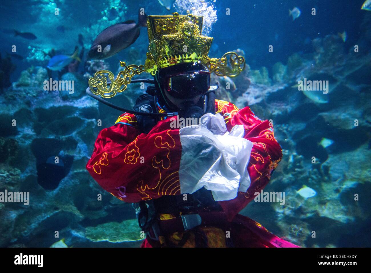 Kuala Lumpur, Malaysia. 12th Feb, 2021. A diver wearing a Chinese traditional god of fortune costume performs at Aquaria KLCC during the Lunar New Year celebrations.The Year of Golden Ox is celebrated in a new normal by the Chinese community following the implementation of the movement control order (MCO) to curb the spread of COVID-19 in Malaysia. Credit: SOPA Images Limited/Alamy Live News Stock Photo