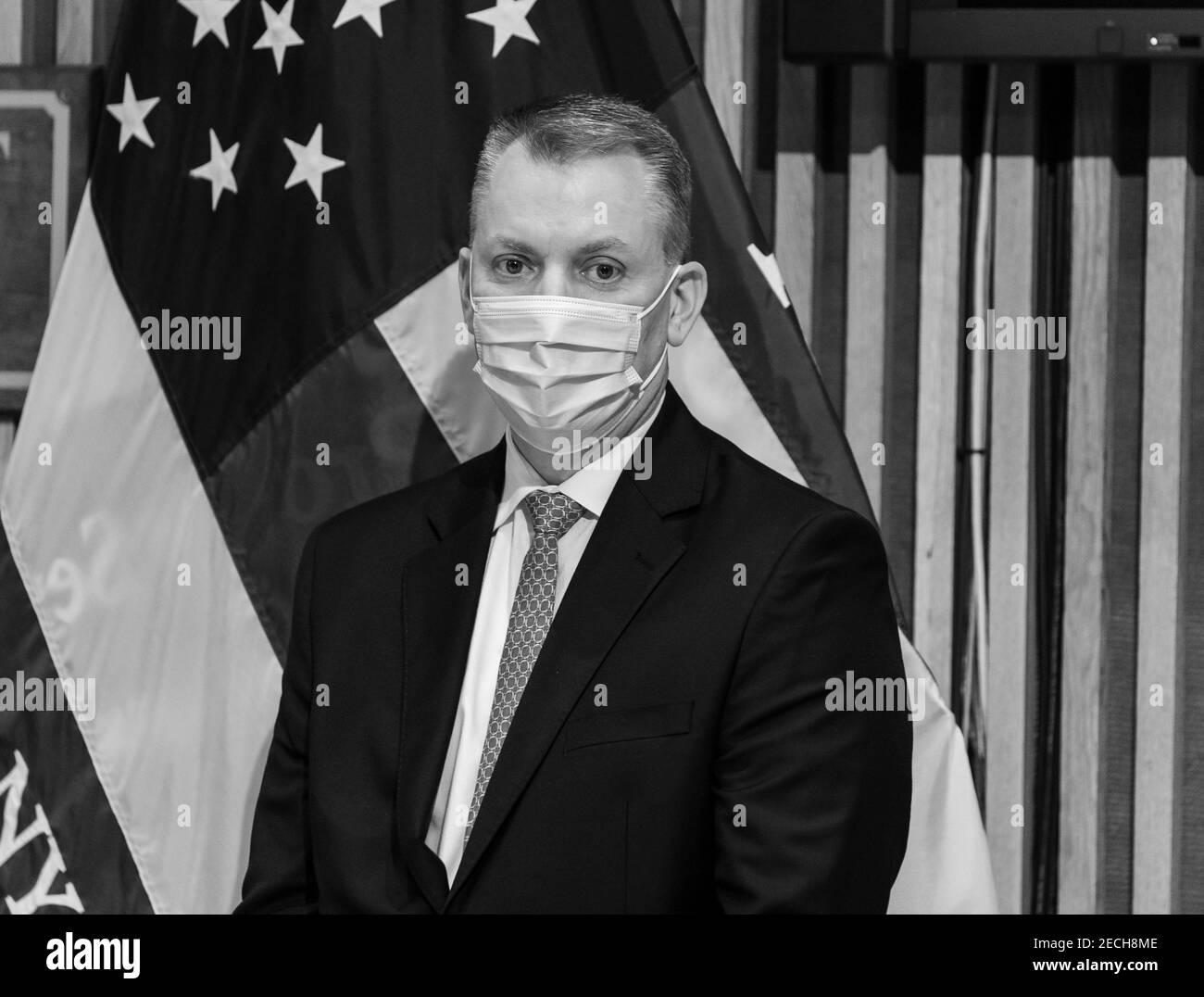 New York, NY - February 13, 2021: Police Commissioner Dermot Shea addresses the media in regard to recent crimes within the subway system at NYPD headquarters Stock Photo