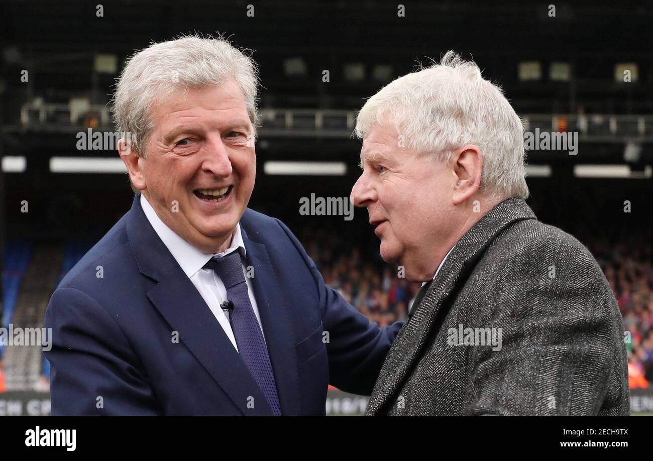 Soccer Football - Premier League - Crystal Palace vs West Bromwich Albion - Selhurst Park, London, Britain - May 13, 2018   Crystal Palace manager Roy Hodgson shakes hands with commentator John Motson after the match   REUTERS/Hannah McKay    EDITORIAL USE ONLY. No use with unauthorized audio, video, data, fixture lists, club/league logos or 'live' services. Online in-match use limited to 75 images, no video emulation. No use in betting, games or single club/league/player publications.  Please contact your account representative for further details. Stock Photo