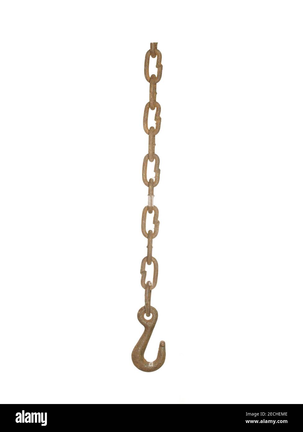 Steel rusty chain with a hook on the end isolated on a white background