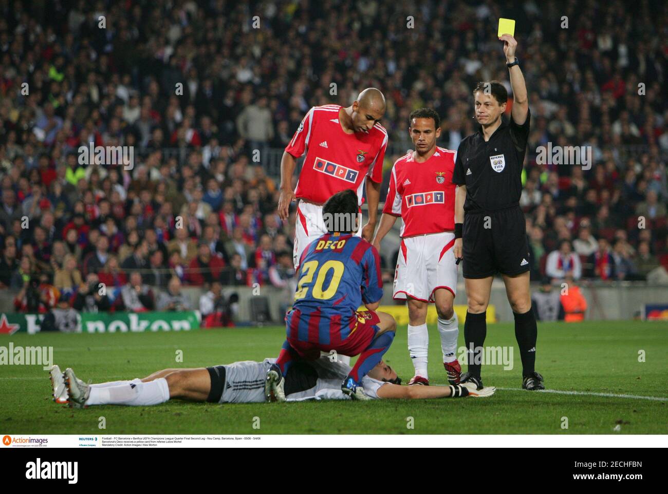 Football Fc Barcelona V Benfica Uefa Champions League Quarter Final Second Leg Nou Camp Barcelona Spain 05 06 5 4 06 Barcelona S Deco Receives A Yellow Card From Referee Lubos Michel