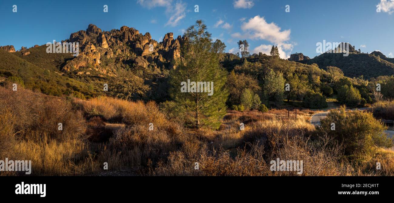 Many popular trails on the west side of the Pinnacles National Park begin from the parking lot in this area. Stock Photo