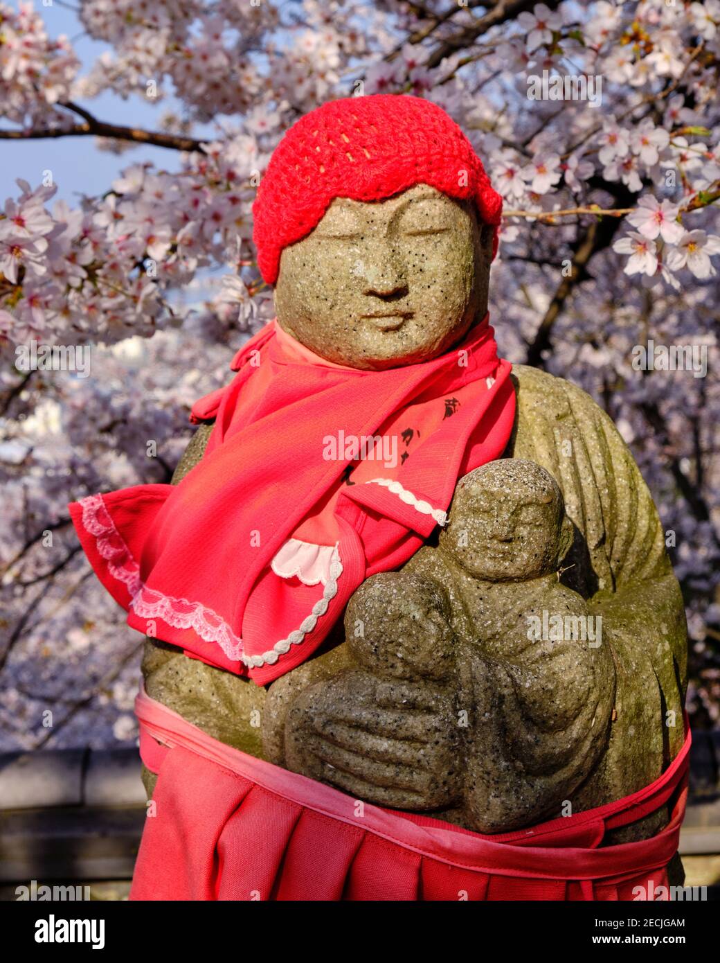 Jizo statue in Kimiidera Temple, during cherry blossom season, in Wakayama Japan Stock Photo