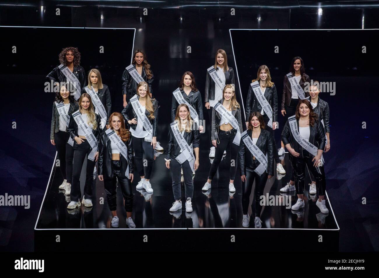 Rust, Germany. 13th Feb, 2021. The participants of the final of the Miss Germany 2021 pageant are on stage at Europa-Park. The finalists spend the days before the final together in Rust. Credit: Hauke-Christian Dittrich/dpa/Alamy Live News Stock Photo