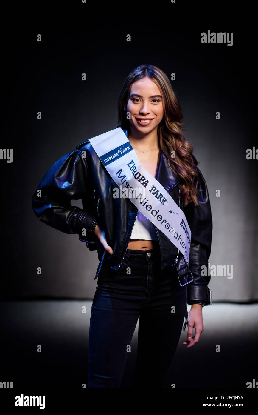 Rust, Germany. 13th Feb, 2021. Isabelle Stoppel, reigning Miss Lower Saxony, stands during a photo shoot in the preparation phase before the final of the Miss Germany contest in the Europa Park Arena. The finalists spend the days before the final together in Rust. Credit: Hauke-Christian Dittrich/dpa/Alamy Live News Stock Photo