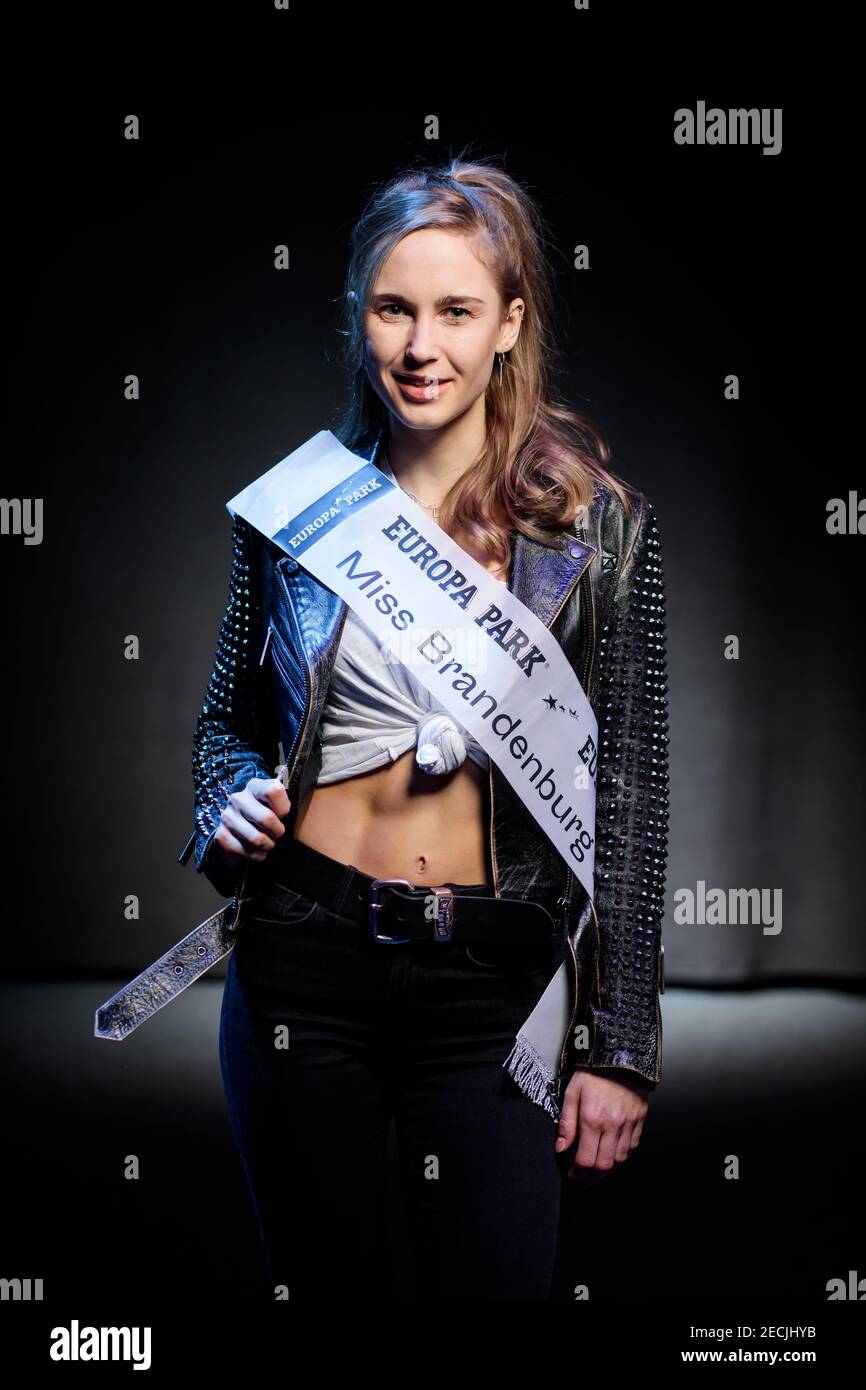 Rust, Germany. 13th Feb, 2021. Julia Laura Wolf, reigning Miss Brandenburg, stands during a photo shoot in the preparation phase before the final of the Miss Germany contest in the Europa-Park-Arena. The finalists spend the days before the final together in Rust. Credit: Hauke-Christian Dittrich/dpa/Alamy Live News Stock Photo