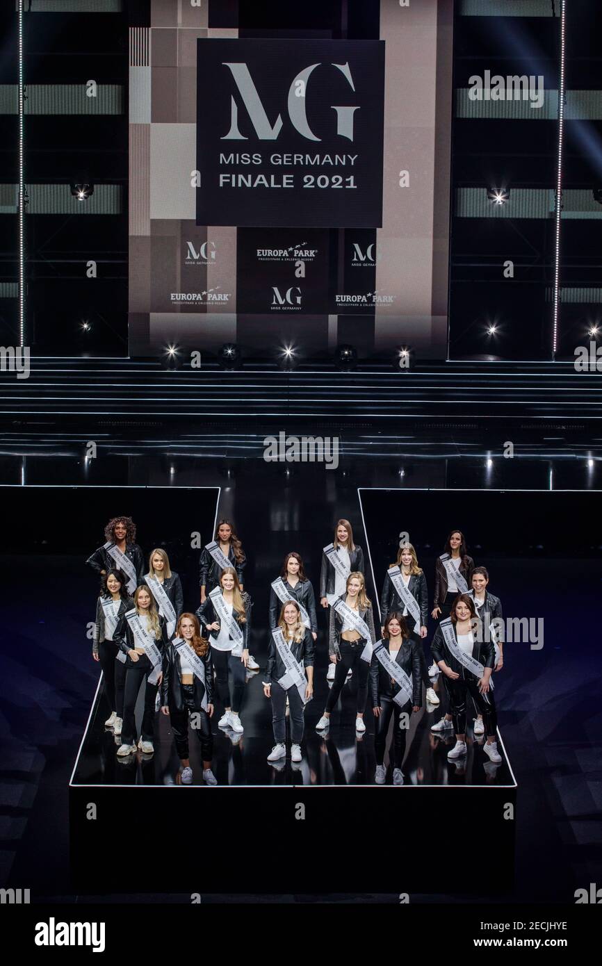 Rust, Germany. 13th Feb, 2021. The contestants of the final of the Miss Germany 2021 pageant stand on a stage in front of a large LED wall at Europa-Park. The finalists spend the days before the final together in Rust. Credit: Hauke-Christian Dittrich/dpa/Alamy Live News Stock Photo