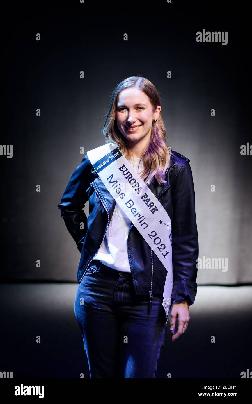 Rust, Germany. 13th Feb, 2021. Katharina Wohlrab, reigning mIss Berlin, stands during a photo shoot in the preparation phase before the final of the Miss Germany contest in the Europa-Park-Arena. The finalists spend the days before the final together in Rust. Credit: Hauke-Christian Dittrich/dpa/Alamy Live News Stock Photo