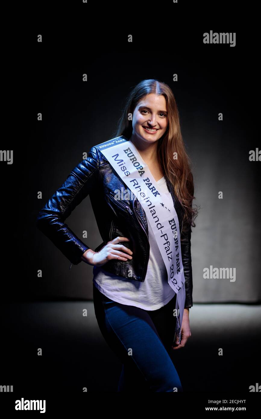 Rust, Germany. 13th Feb, 2021. Sabrina Reitz, reigning Miss Rhineland-Palatinate, stands during a photo shoot in the preparation phase before the final of the Miss Germany contest in the Europa-Park-Arena. The finalists spend the days before the final together in Rust. Credit: Hauke-Christian Dittrich/dpa/Alamy Live News Stock Photo