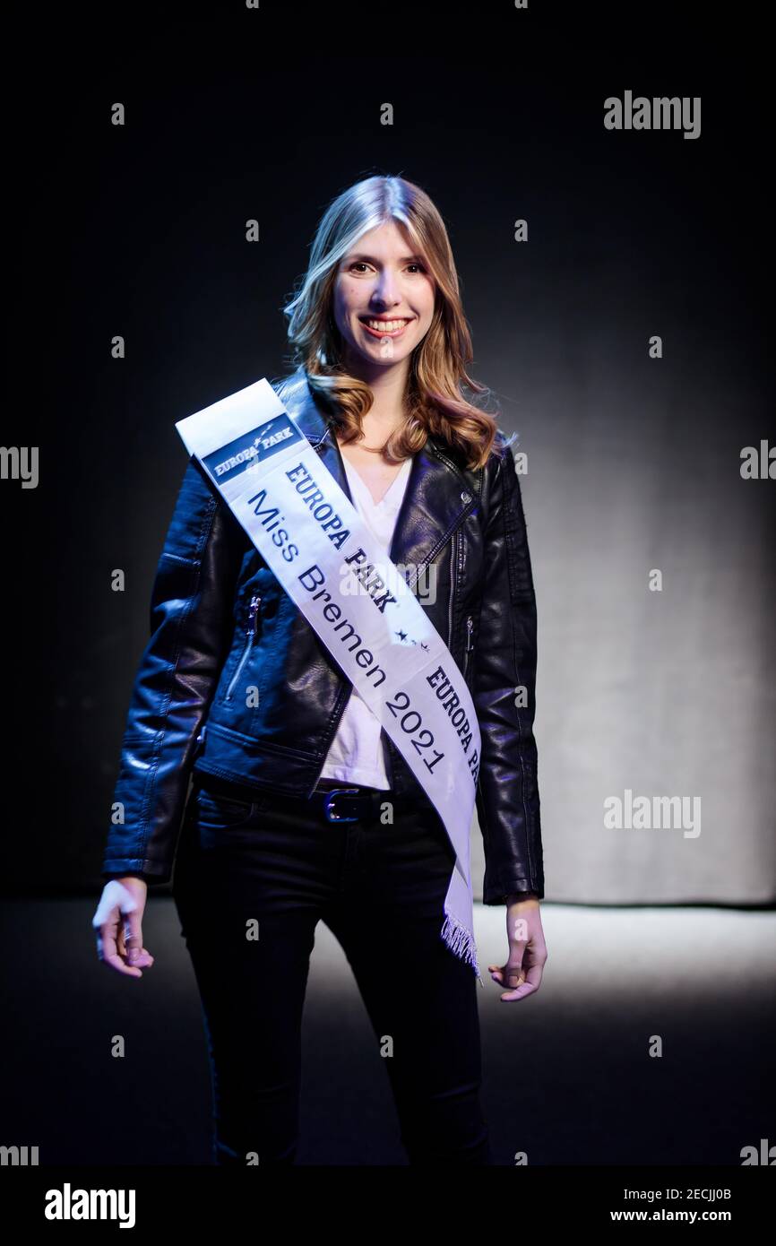 Rust, Germany. 13th Feb, 2021. Mara Maeke, reigning Miss Bremen, stands during a photo shoot in the preparation phase before the final of the Miss Germany contest in the Europa-Park-Arena. The finalists spend the days before the final together in Rust. Credit: Hauke-Christian Dittrich/dpa/Alamy Live News Stock Photo