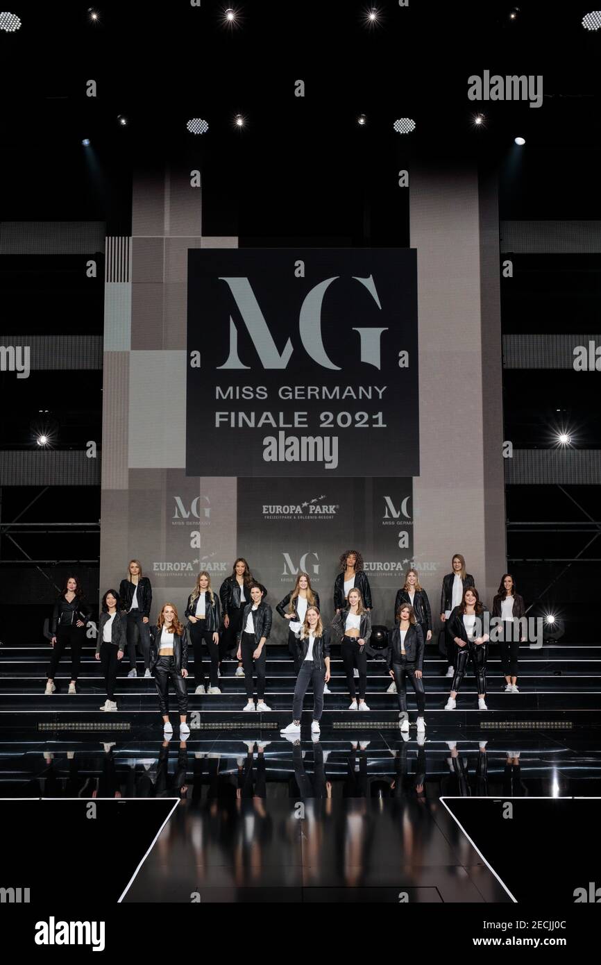Rust, Germany. 13th Feb, 2021. The contestants of the final of the Miss Germany 2021 pageant stand on a stage in front of a large LED wall at Europa-Park. The finalists spend the days before the final together in Rust. Credit: Hauke-Christian Dittrich/dpa/Alamy Live News Stock Photo