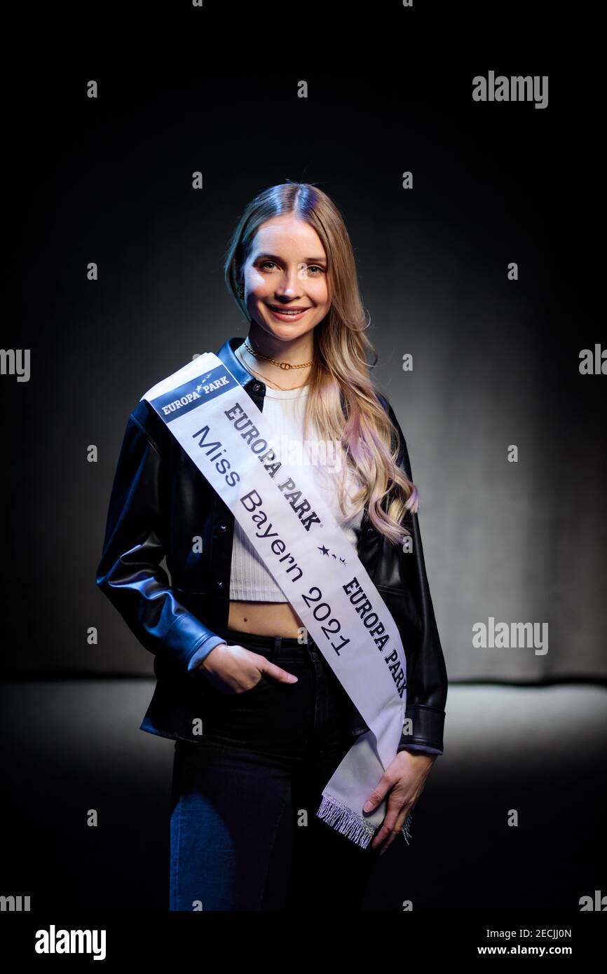 Rust, Germany. 13th Feb, 2021. Nanette Willberg, reigning Miss Bavaria, stands during a photo shoot in the preparation phase before the final of the Miss Germany contest in the Europa-Park-Arena. The finalists spend the days before the final together in Rust. Credit: Hauke-Christian Dittrich/dpa/Alamy Live News Stock Photo