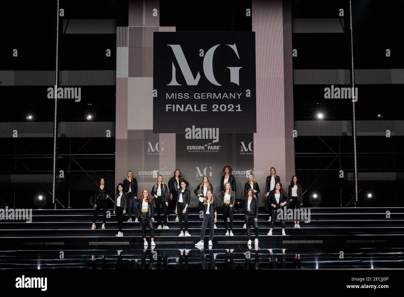 Rust, Germany. 13th Feb, 2021. The contestants of the final of the Miss Germany 2021 pageant stand on a stage in front of a large LED wall at Europa-Park. The finalists spend the days before the final together in Rust. Credit: Hauke-Christian Dittrich/dpa/Alamy Live News Stock Photo