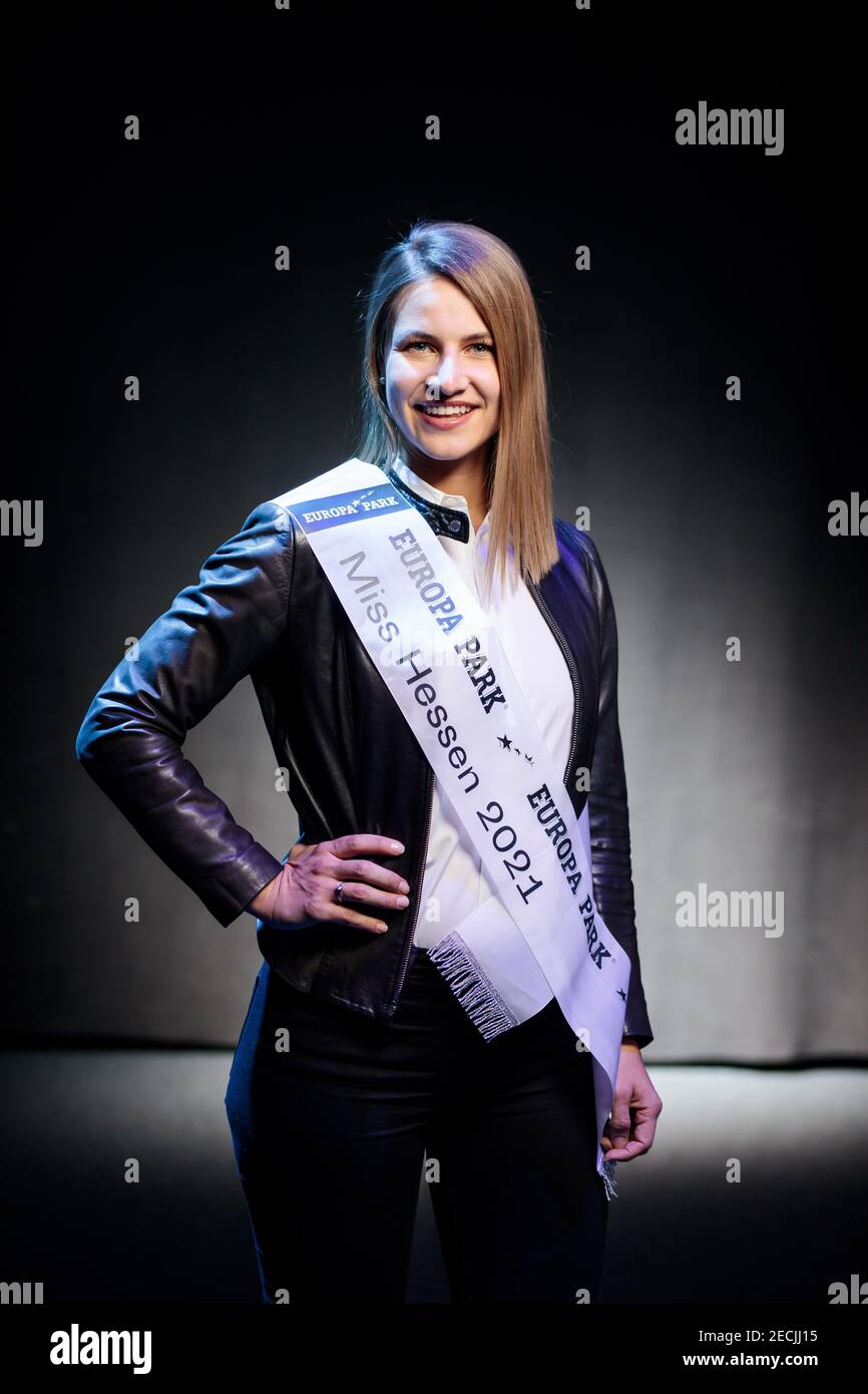Rust, Germany. 13th Feb, 2021. Cynthia Junghanns, reigning Miss Hesse, stands during a photo shoot in the preparation phase before the final of the Miss Germany contest in the Europa Park Arena. The finalists spend the days before the final together in Rust. Credit: Hauke-Christian Dittrich/dpa/Alamy Live News Stock Photo