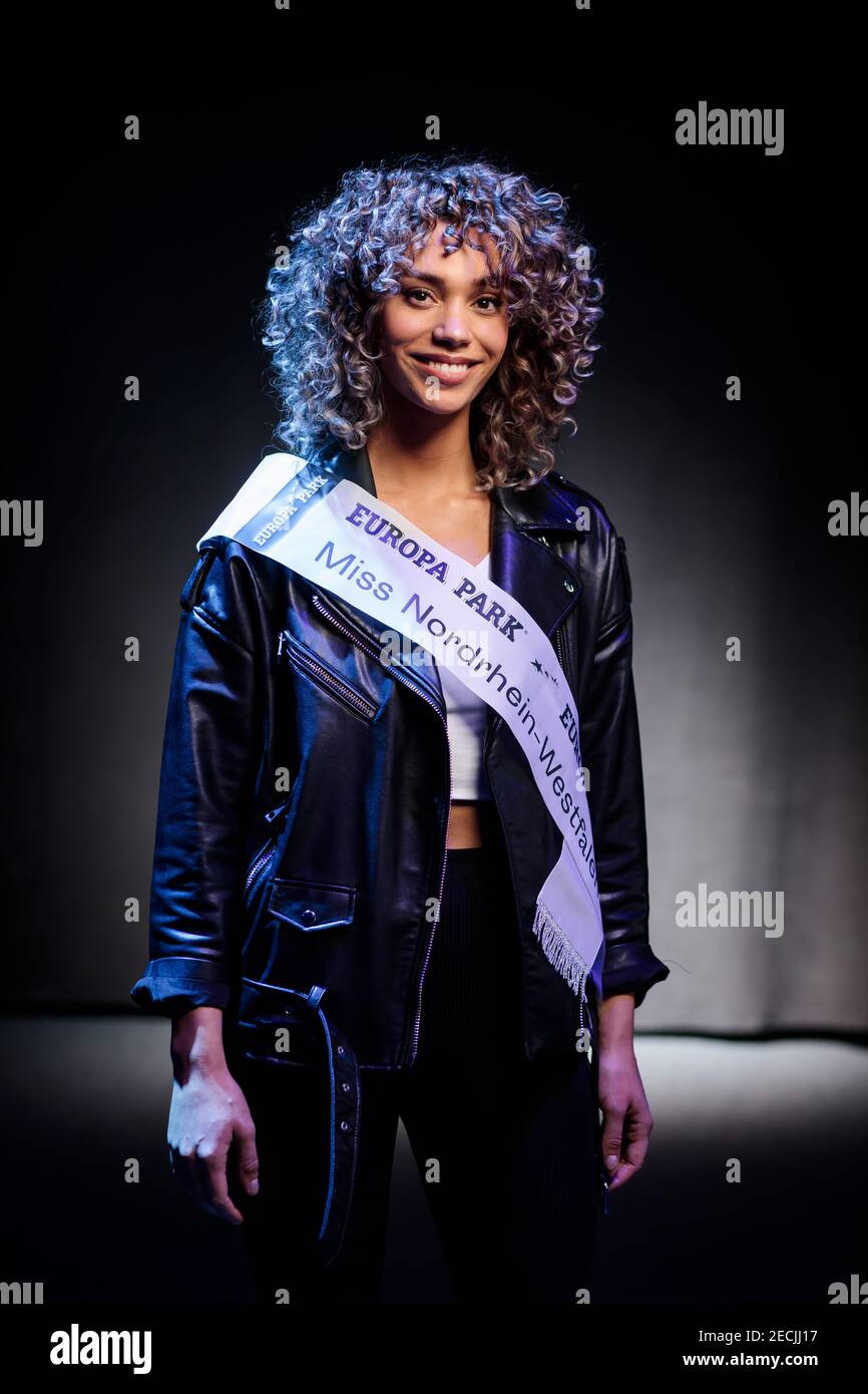 Rust, Germany. 13th Feb, 2021. Jemimah Booysen, reigning Miss North Rhine-Westphalia, stands during a photo shoot in the preparation phase before the final of the Miss Germany pageant in the Europa Park Arena. The finalists spend the days before the final together in Rust. Credit: Hauke-Christian Dittrich/dpa/Alamy Live News Stock Photo