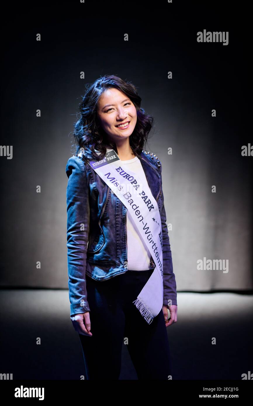 Rust, Germany. 13th Feb, 2021. Weihua Wang, reigning Miss Baden-Württemberg, stands during a photo shoot in the preparation phase before the final of the Miss Germany pageant in the Europa Park Arena. The finalists spend the days before the final together in Rust. Credit: Hauke-Christian Dittrich/dpa/Alamy Live News Stock Photo