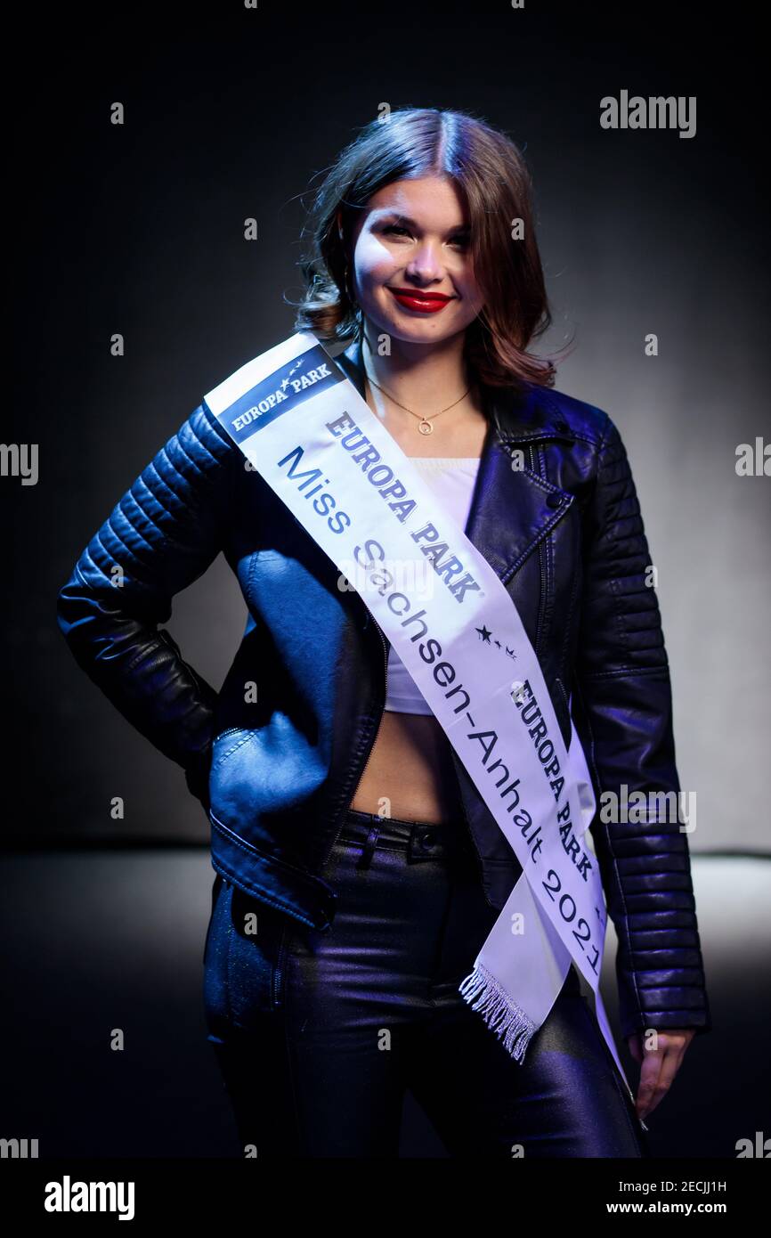 Rust, Germany. 13th Feb, 2021. Elisa Ilse Ventur, reigning Miss Saxony-Anhalt, stands during a photo shoot in the preparation phase before the final of the Miss Germany contest in the Europa Park Arena. The finalists spend the days before the final together in Rust. Credit: Hauke-Christian Dittrich/dpa/Alamy Live News Stock Photo