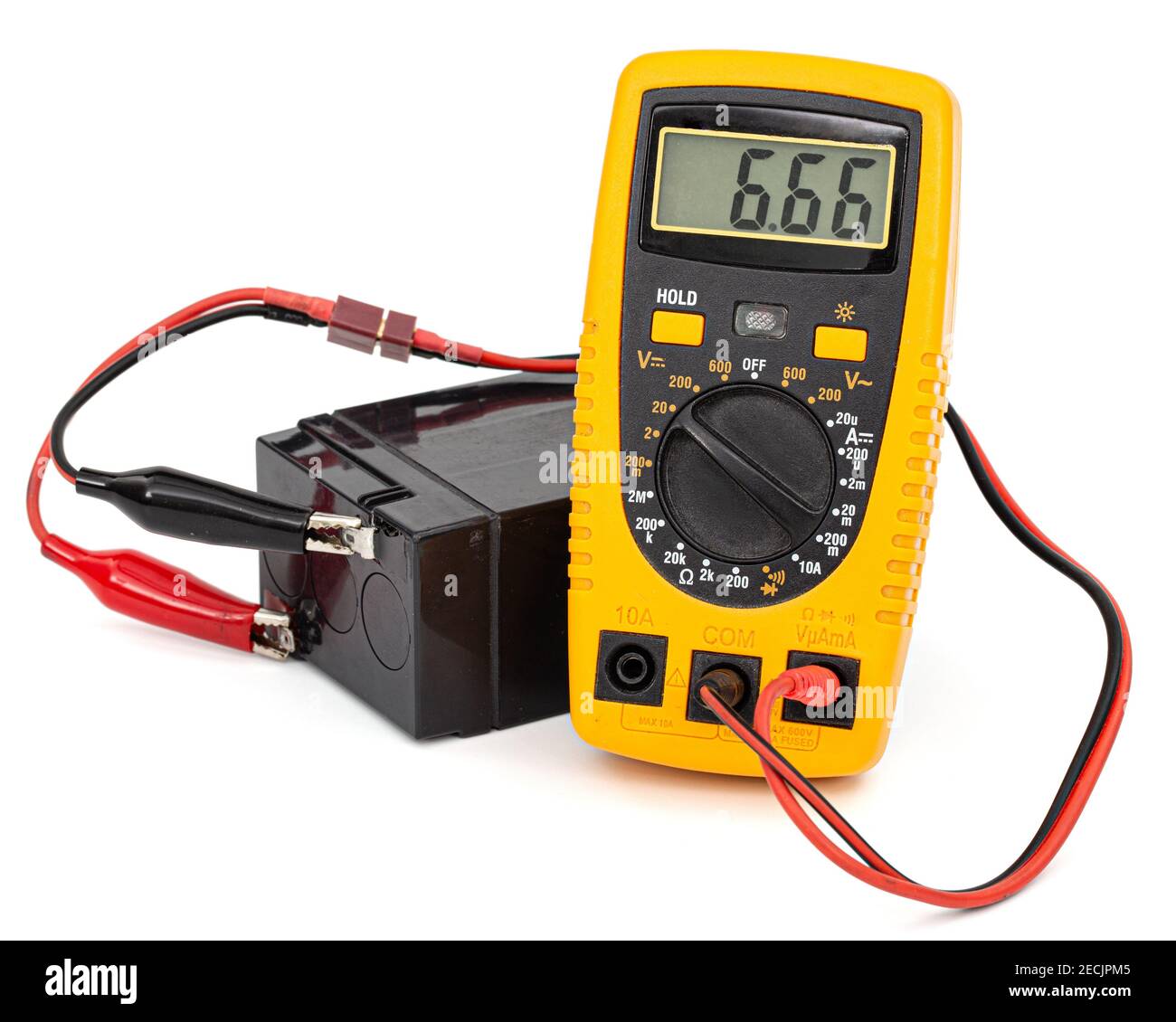 Testing an acid rechargeable battery with a measuring instrument