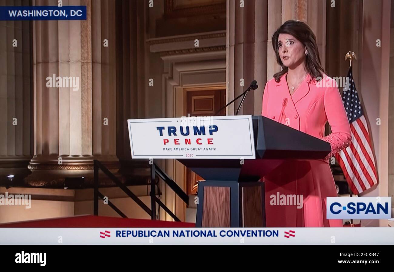 February 13, 2021, Washington, District of Columbia, USA: NIKKI HALEY, who served as twice-impeached ex-President Trump's UN ambassador, in an interview with Politico, stated that she didn't believe that Trump would be a dominant figure in the Republican Party going forward. ''I don't think he's going to be in the picture, '' she declared. ''He's fallen so far. And we shouldn't have followed him. And we shouldn't have listened to him.'' FILE IMAGE SHOT: August 24, 2020: Former Governor of South Carolina 2011-17 NIKKI HALEY speaks during the Republican National Convention. (Credit Image: © Stock Photo