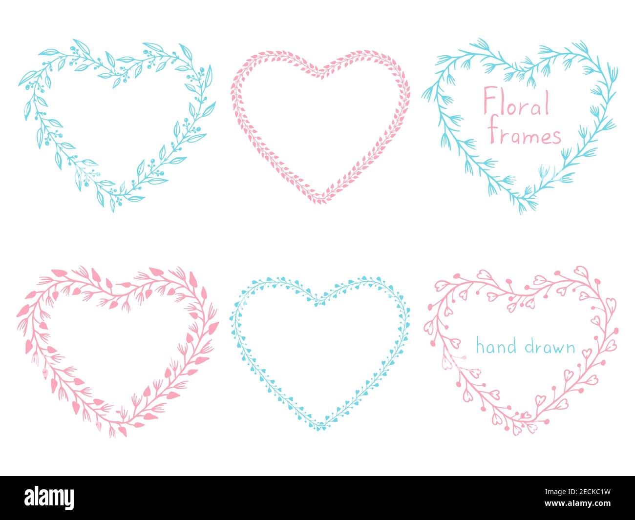 Vector set of floral hand drawn frames in the shape of a heart. In blue ...