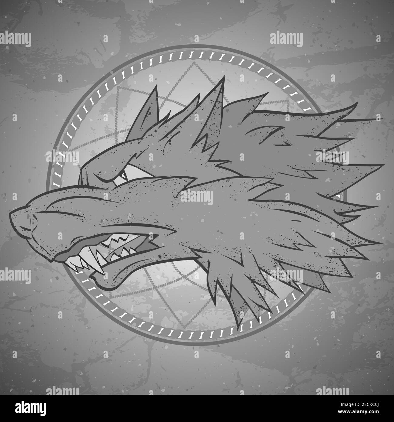 Vector illustration with wolf's head and dreamcatcher on grange background. Roaring wolf. Stock Vector