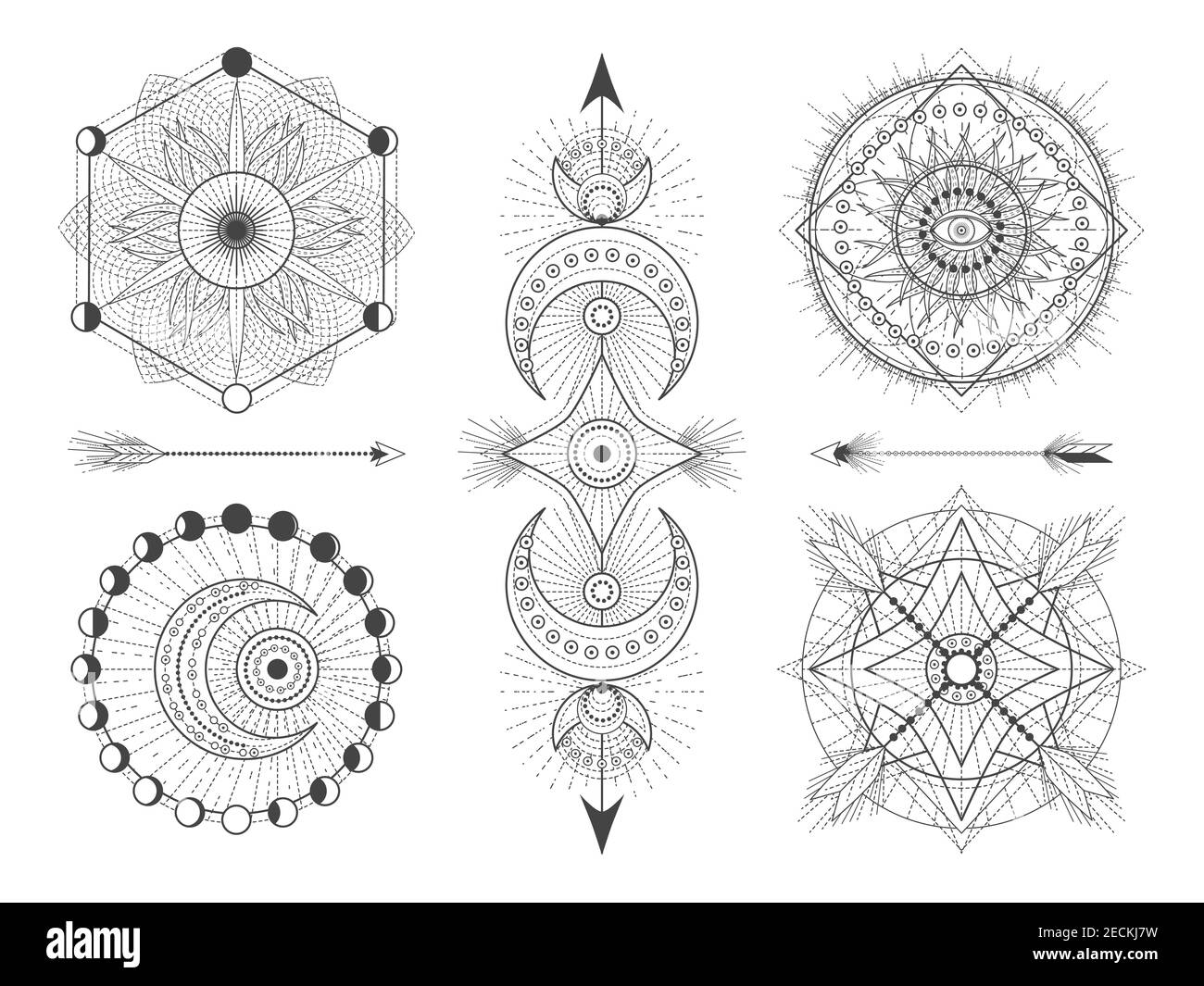 Vector set of Sacred geometric symbols and figures on white background. Abstract mystic signs collection. Black linear shapes. For you design: tattoo, Stock Vector