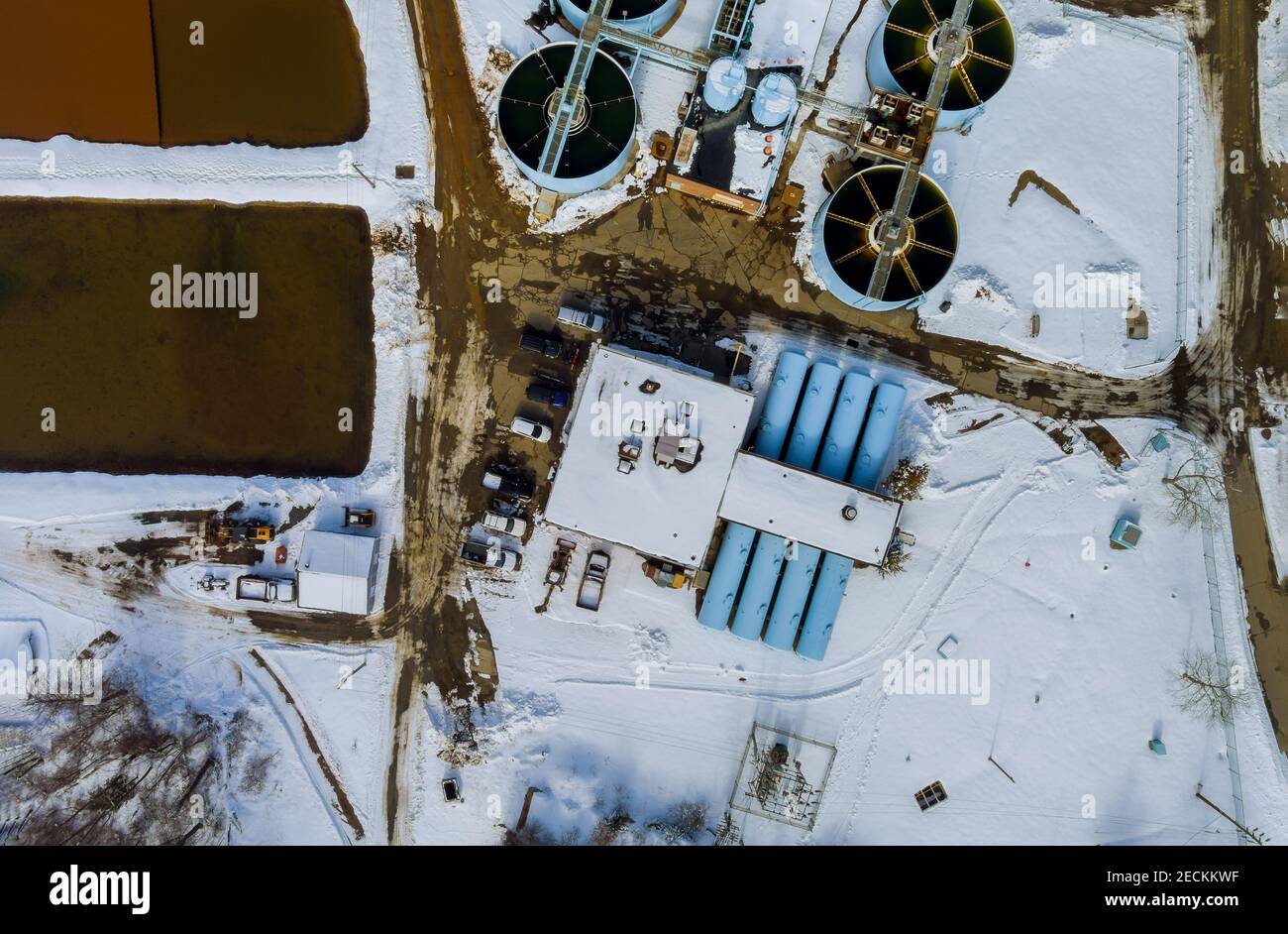 Aeration station, sewage treatment plant wastewater treatment plant. Aerial drone view Stock Photo