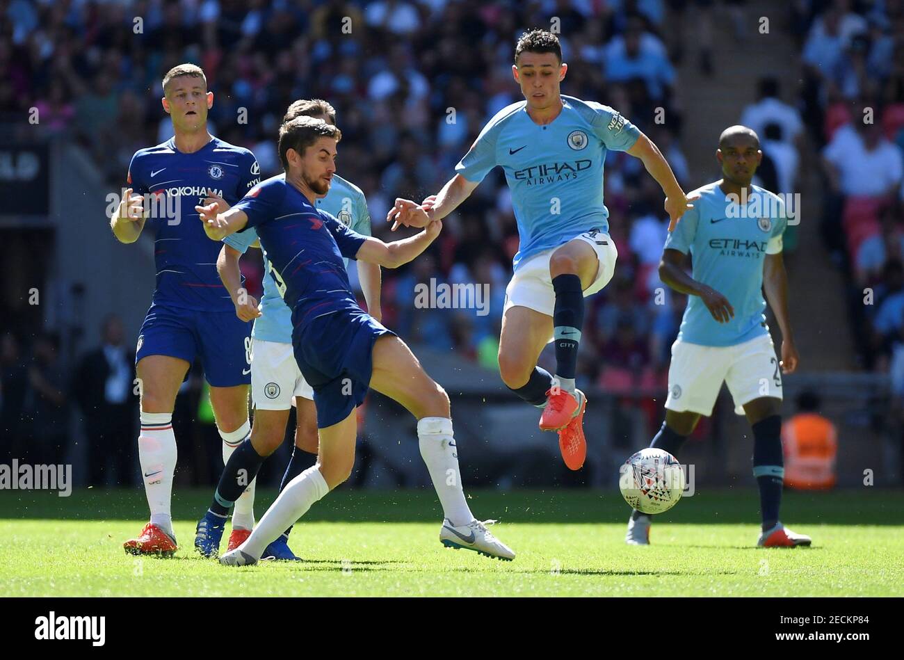 Soccer Football - FA Community Shield - Manchester City v Chelsea - Wembley Stadium, London, Britain - August 5, 2018  Manchester CityÕs Phil Foden in action with ChelseaÕs Jorginho   REUTERS/Toby Melville Stock Photo