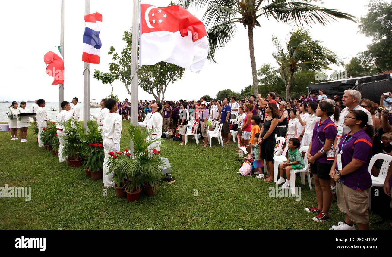 General Sport Singapore 2010 Youth Olympic Games Sailing Singapore 25 8 10 Singapore S Flag Is Raised During A Medal Presentation At The National Sailing Center Photographer Zainal Halim Mandatory Credit