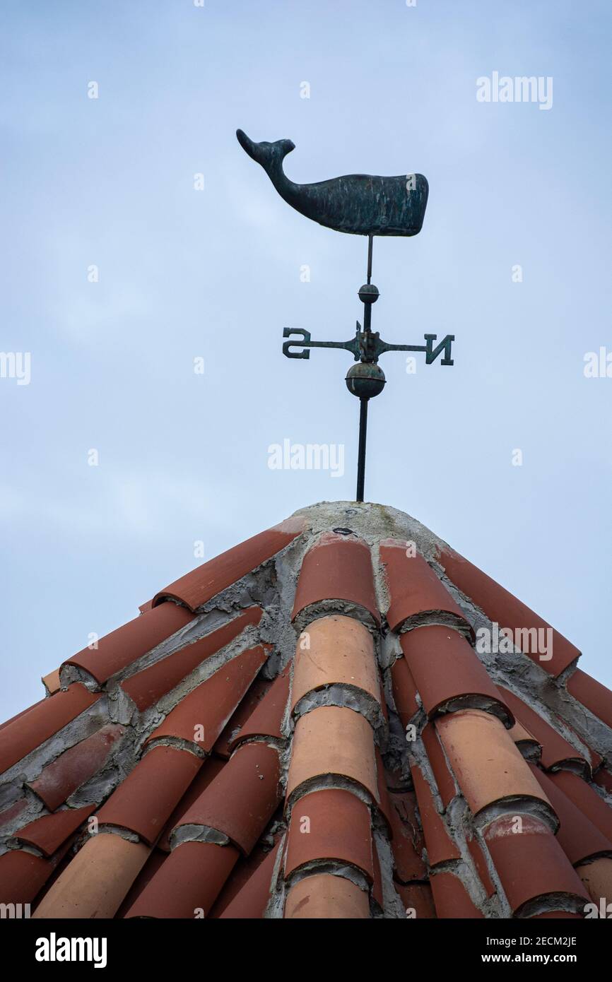 A whale weathervane on the roof of a home in Pacific Palisades, California, USA. Stock Photo