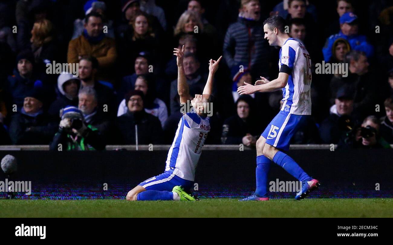 Britain Football Soccer - Brighton & Hove Albion v Reading - Sky Bet Championship - The American Express Community Stadium - 25/2/17 Anthony Knockaert celebrates scoring the third goal for Brighton with Jamie Murphy (R) Mandatory Credit: Action Images / Peter Cziborra Livepic EDITORIAL USE ONLY. No use with unauthorized audio, video, data, fixture lists, club/league logos or 'live' services. Online in-match use limited to 45 images, no video emulation. No use in betting, games or single club/league/player publications. Please contact your account representative for further details. Stock Photo
