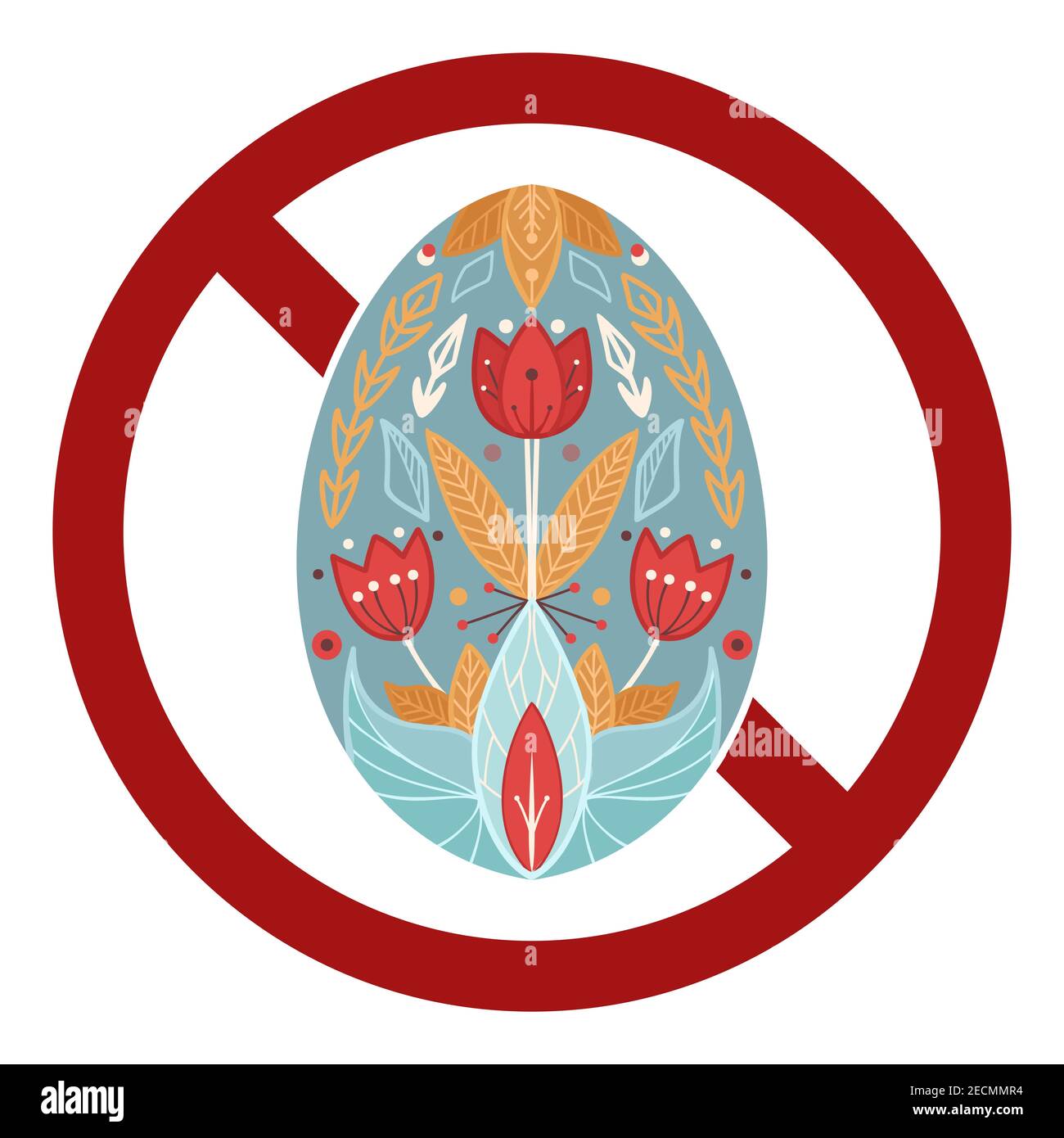 Cartoon flat Festive Easter egg with folk pattern in prohibition sign