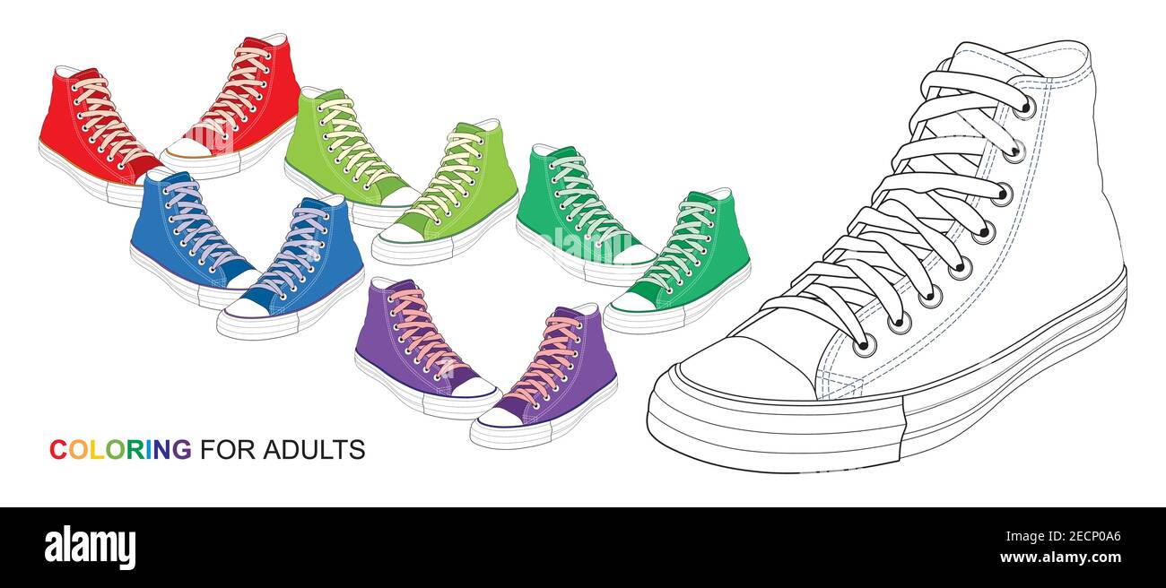 Colorful fashion sneakers. Casual youth shoes. School shoes. Coloring for  adults Stock Vector Image & Art - Alamy