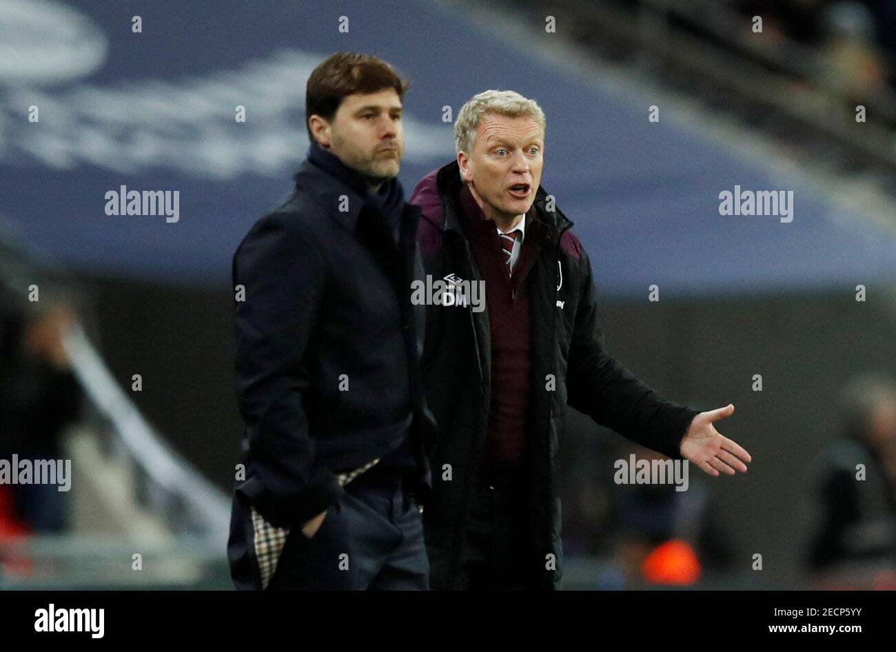 Soccer Football - Premier League - Tottenham Hotspur vs West Ham United - Wembley Stadium, London, Britain - January 4, 2018   West Ham United manager David Moyes and Tottenham manager Mauricio Pochettino    REUTERS/Eddie Keogh    EDITORIAL USE ONLY. No use with unauthorized audio, video, data, fixture lists, club/league logos or 'live' services. Online in-match use limited to 75 images, no video emulation. No use in betting, games or single club/league/player publications.  Please contact your account representative for further details. Stock Photo
