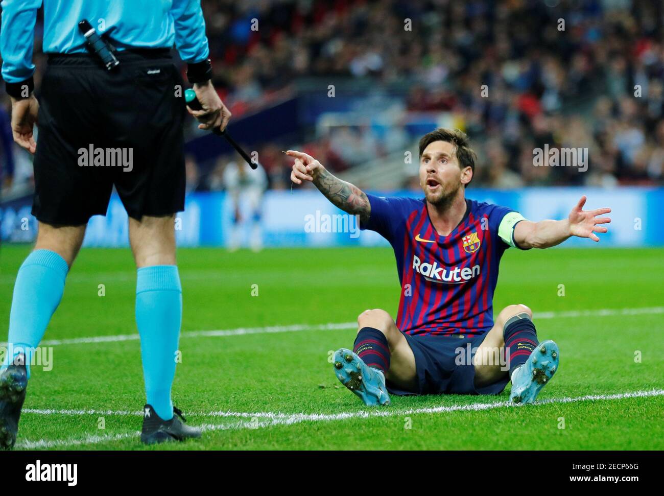 Soccer Football - Champions League - Group Stage - Group B - Tottenham Hotspur v FC Barcelona - Wembley Stadium, London, Britain - October 3, 2018  Barcelona's Lionel Messi reacts during the match      REUTERS/Eddie Keogh Stock Photo