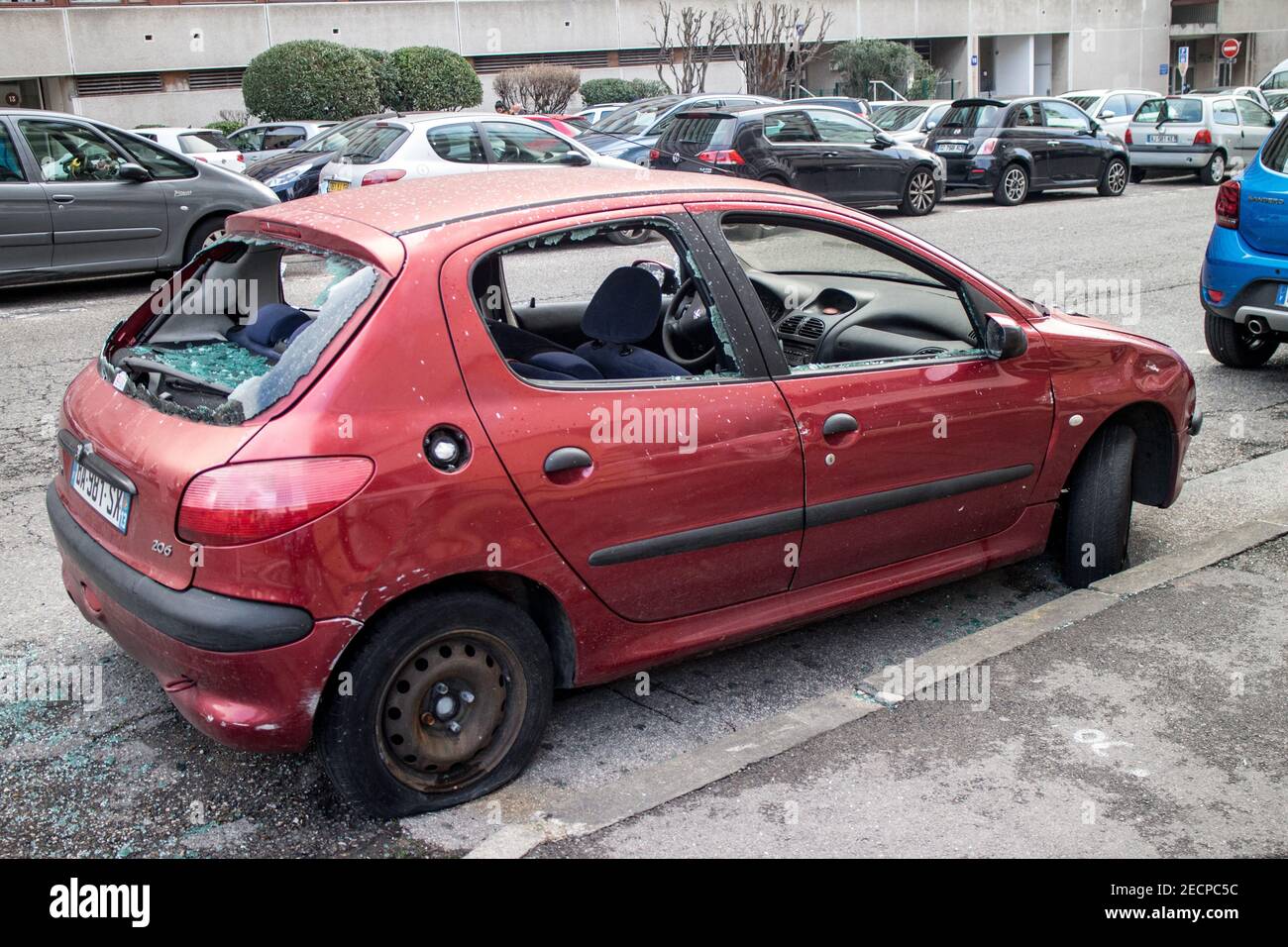 Vandalised car in the streets of Marseille Stock Photo