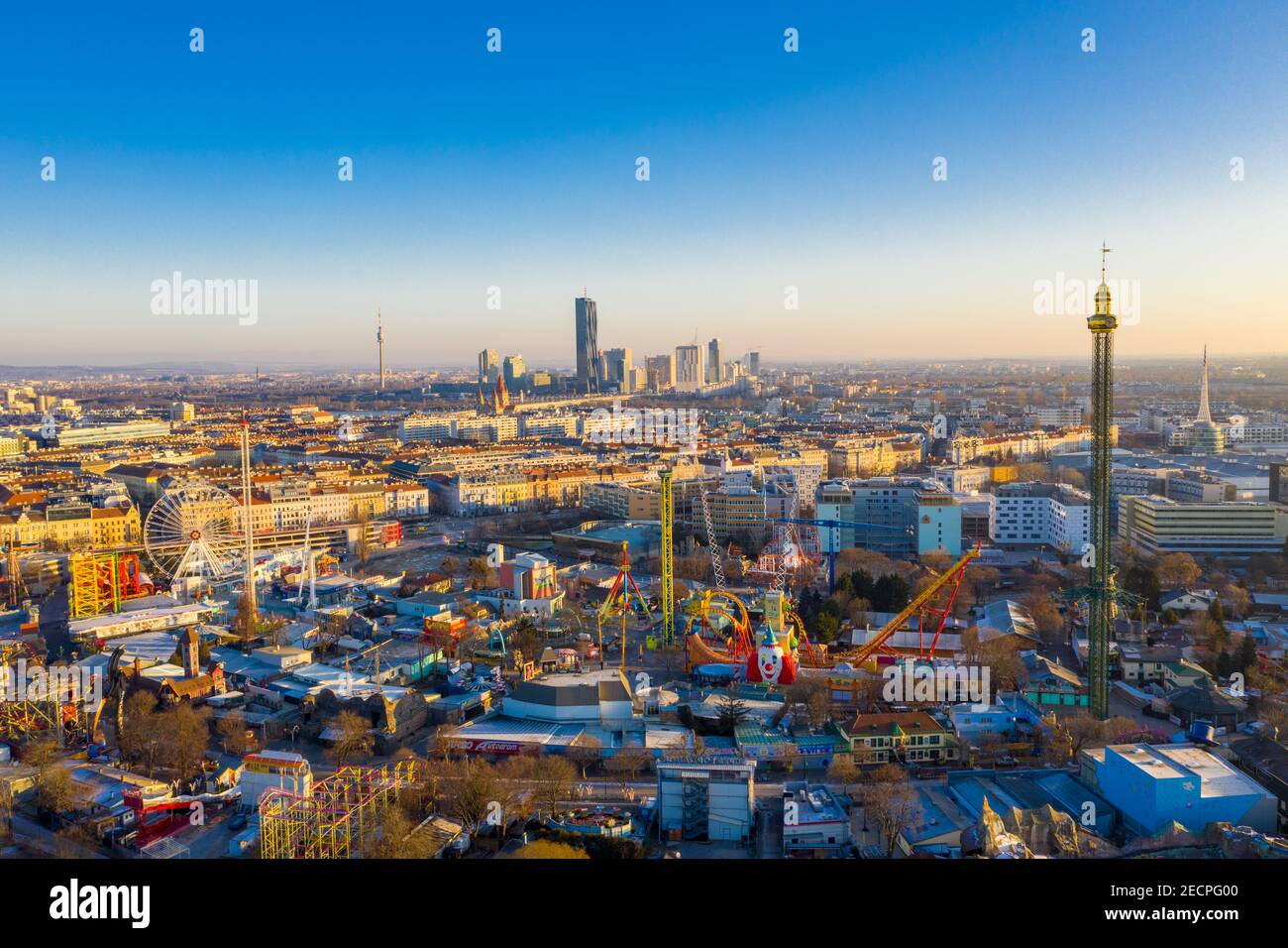 Vienna Prater amusement park view from above. Famous place and touristic hotspot in the capital city of Austria. Stock Photo