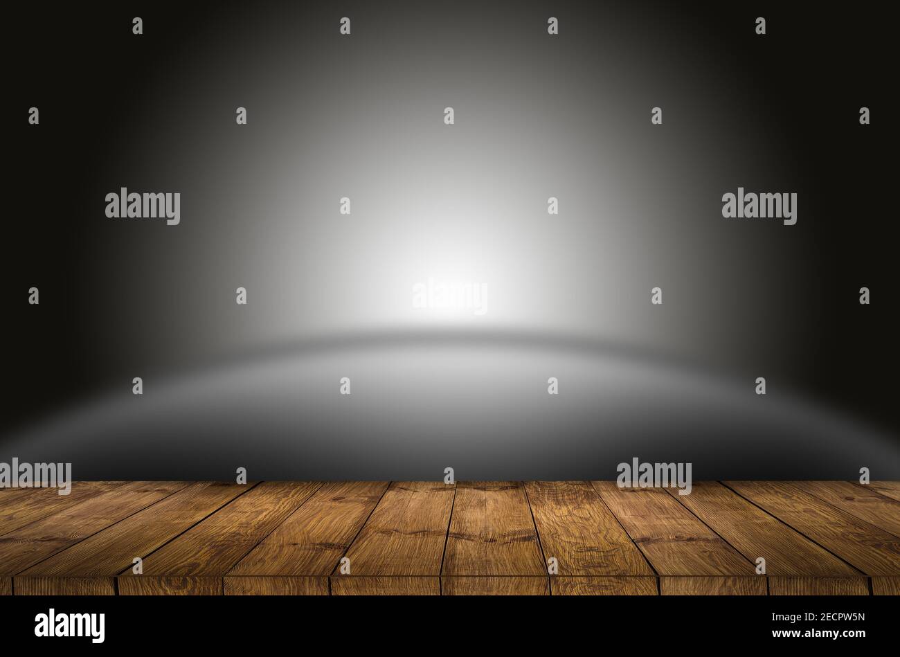 empty wooden table with smoke float up on dark background Stock Photo