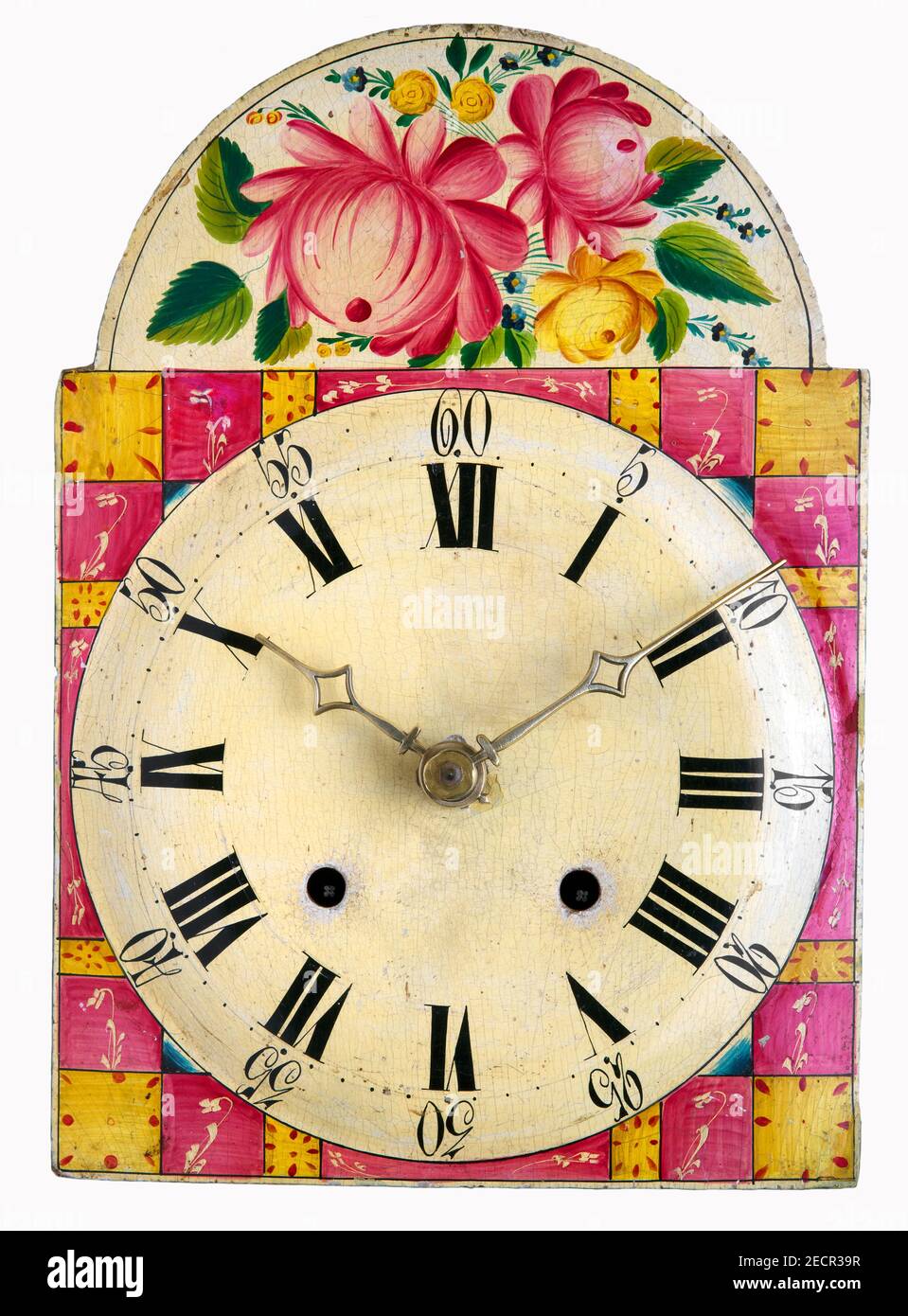 old Black Forest shield clock with rose motifs, isolated Stock Photo