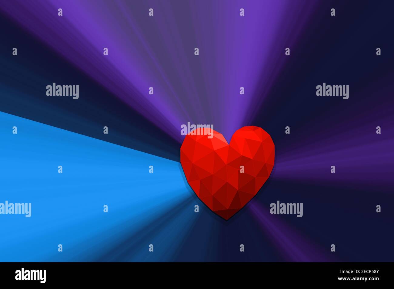An illustration of blue and purple rays rising from a geometric red ...