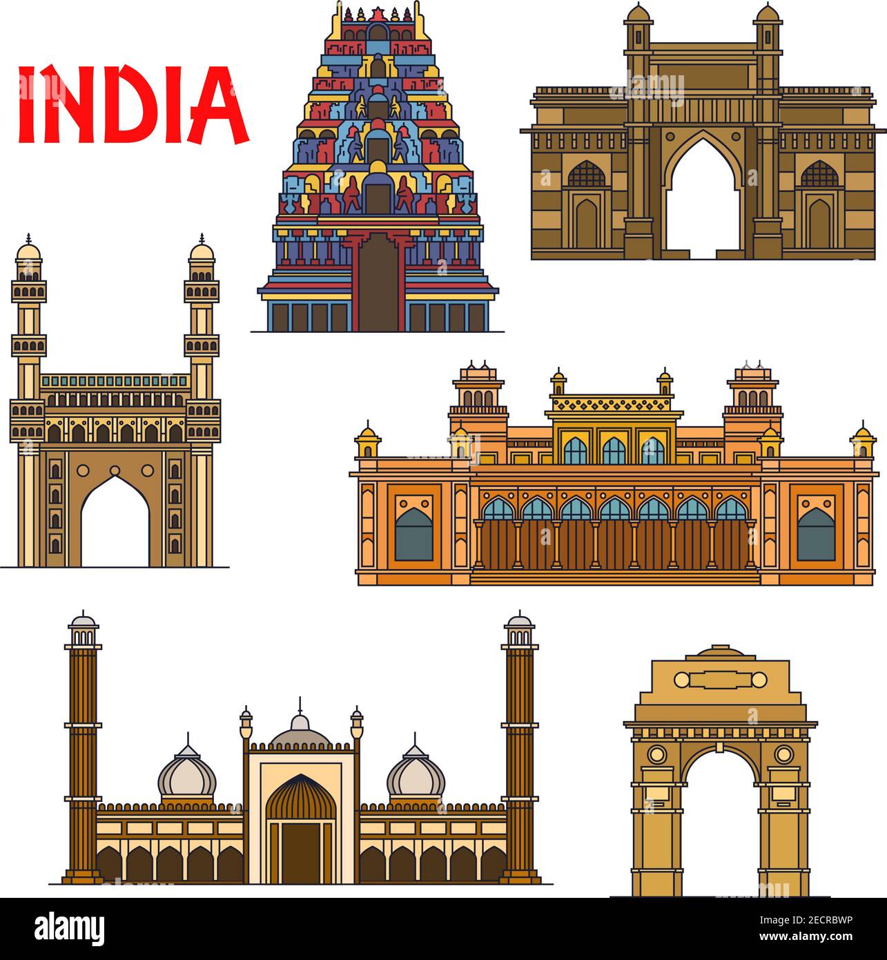 Travel landmarks of indian architecture icon with thin line India Gate, hindu Meenakshi Amman Temple, Gateway of India, islamic mosque Jama Masjid, mo Stock Vector