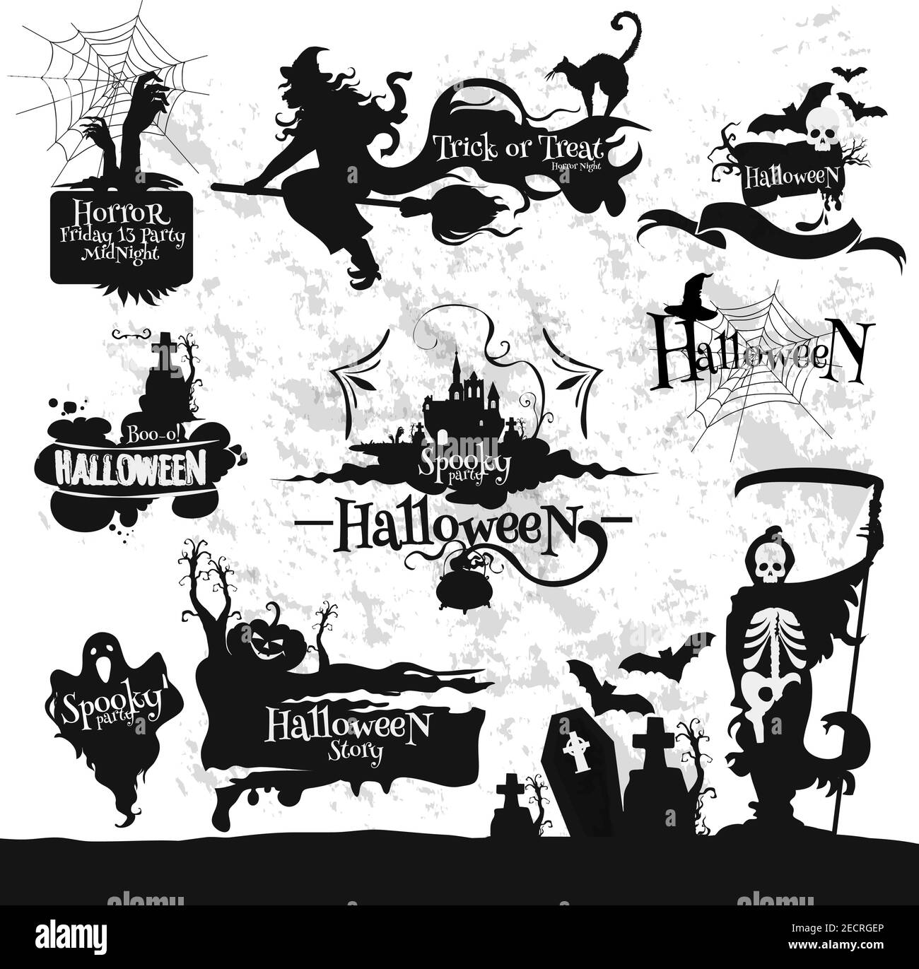 Decoration emblems and icons set for Halloween party, Friday 13 horror midnight. Witch broom, spooky ghost, spider, skeleton scythe, graveyard, haunte Stock Vector