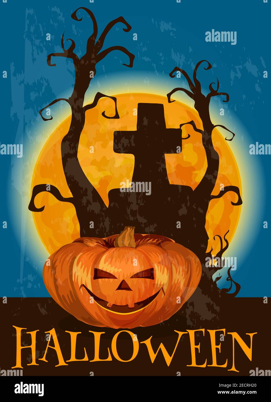 Halloween poster with traditional scary pumpkin lantern with candles. Midnight full moon with silhouette of tree and tomb grravestone with cross on ce Stock Vector
